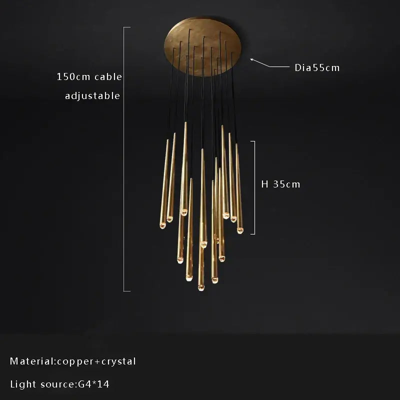 Brass-toned copper and crystal water drop ceiling chandelier with 14 g4 lights for living room decorbites crystal water drop