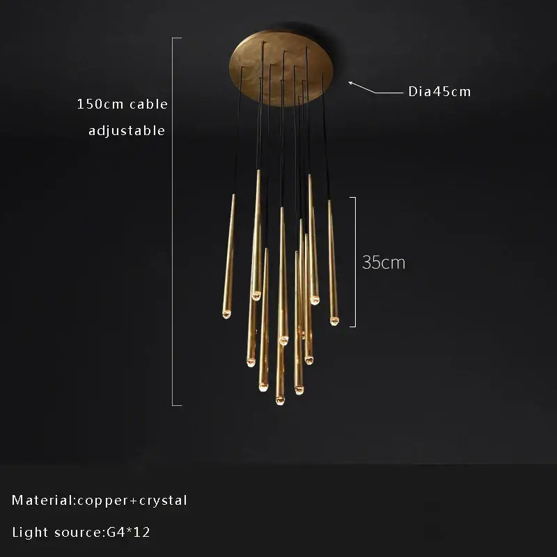 Golden water drop ceiling chandelier with twelve brass crystal water drop arms on a circular copper base for living room decorbites crystal water
