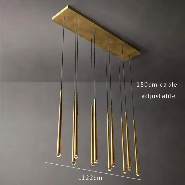 Modern brass pendant chandelier with ten cylindrical arms and rectangular mount for decorbites crystal water drop ceiling use