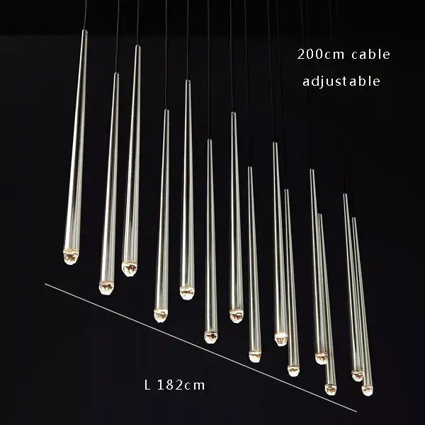 Golden water drop ceiling chandelier featuring slender transparent glass rods with metallic caps for living room decorbites crystal water drop