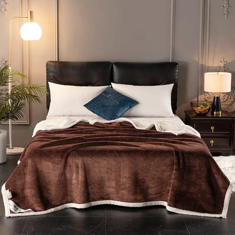 Brown plush double-layer velvet sofa blanket with soft velvety texture and white sherpa lining for bedroom use