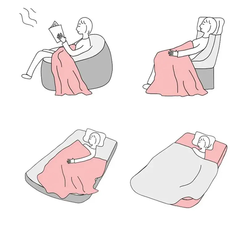 Pink double-layer velvet sofa blanket draped over a person in cozy bedroom and living room settings