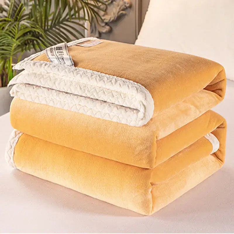 Stacked mustard-yellow double-layer velvet sofa blanket with contrasting white quilted inner lining for bedroom use