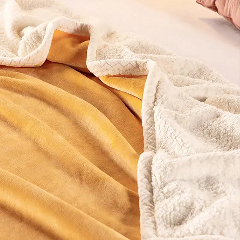 Warm mustard-yellow and white double-layer velvet sofa blanket with plush sherpa lining and stitched edge detailing