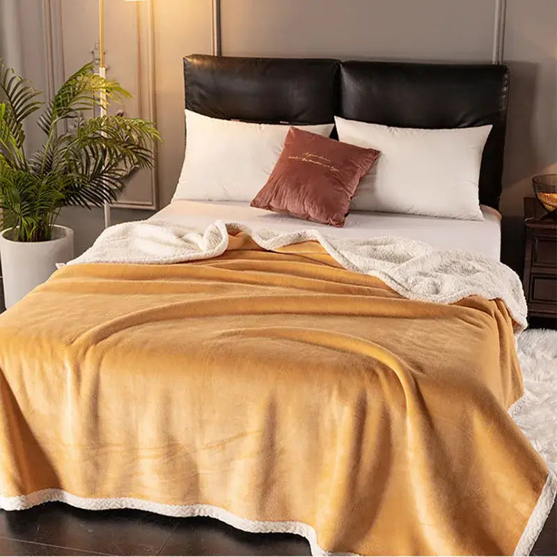 Warm golden and white double-layer velvet sofa blanket with soft sherpa trim for cozy bedroom use