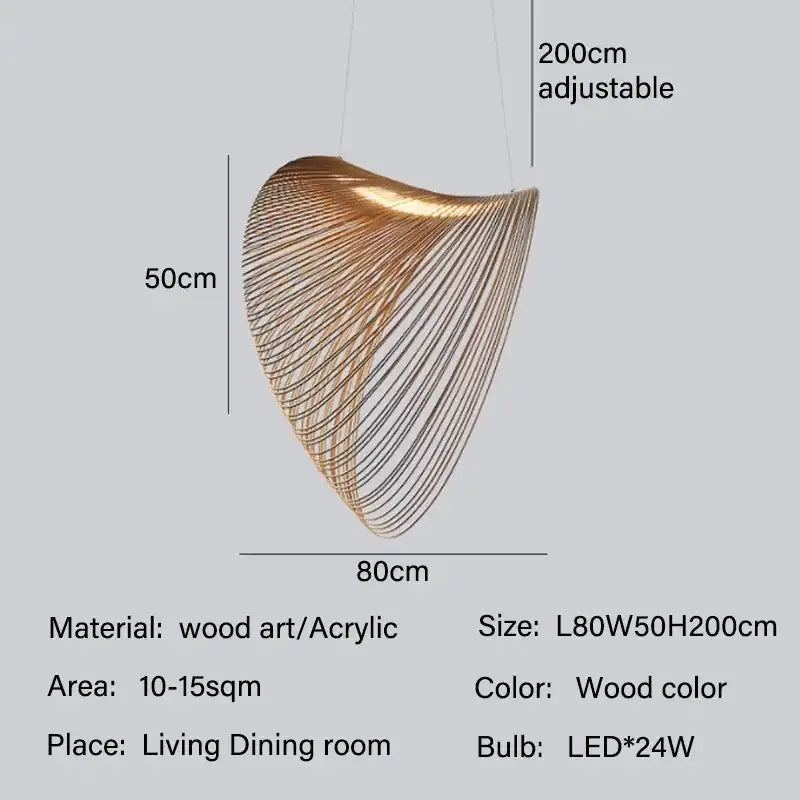 A modern golden wire mesh bamboo pendant light chandelier with intricate wood art and acrylic design for dining room decor