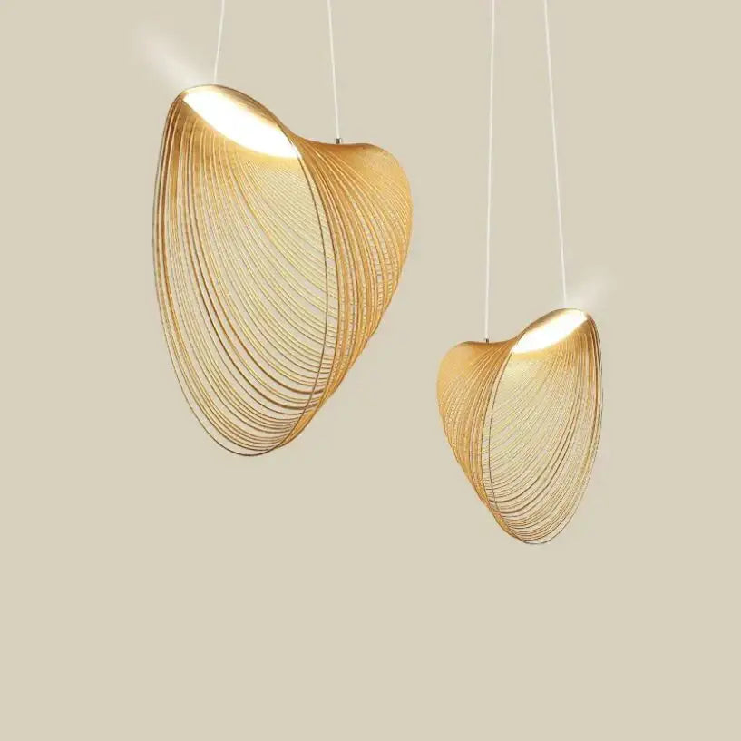 Golden wire mesh bamboo pendant light chandelier with shell-shaped design for dining room decorbites bamboo pendant