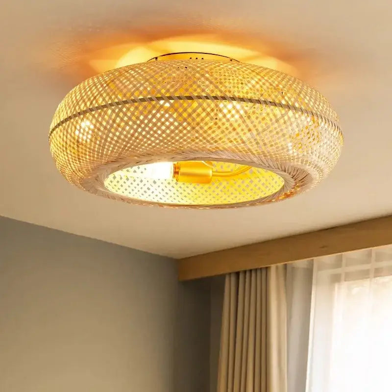 Golden woven bamboo ceiling fan with light featuring warm-toned circular ceiling light and gold-finished bulb holder decorbites bamboo ceiling fan