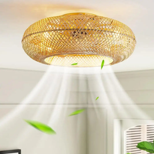 Golden woven bamboo ceiling fan with light and circular lattice design decorbites bamboo ceiling fan for bedroom decor