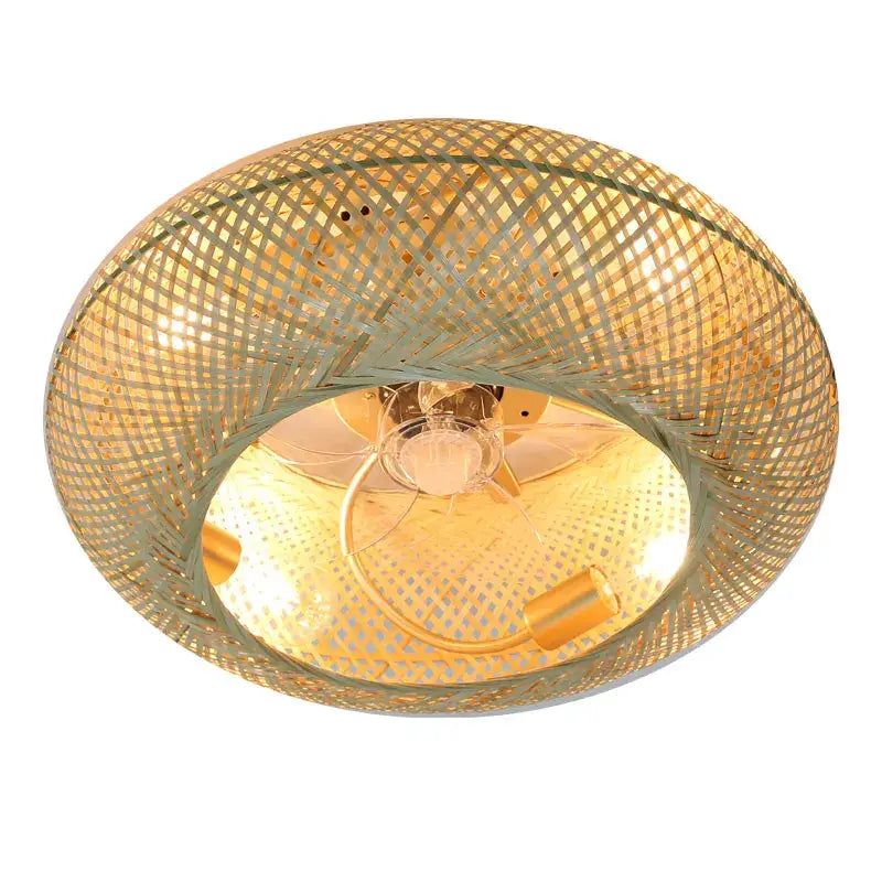 Golden woven bamboo ceiling fan with light featuring intricate lattice design and warm glow for decorbites bamboo ceiling fan