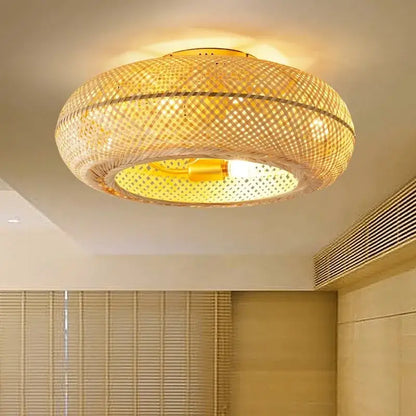 Golden woven bamboo ceiling fan with light featuring warm-toned circular lattice bamboo ceiling fan decorbites bamboo ceiling
