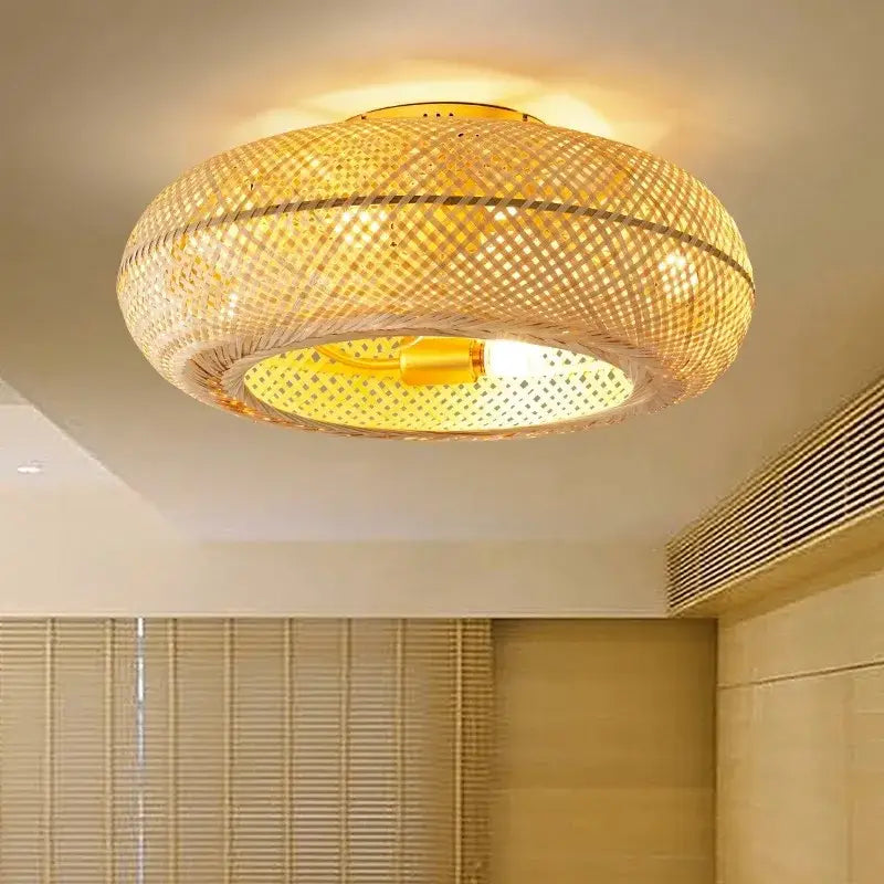 Golden woven bamboo ceiling fan with light featuring warm-toned circular lattice bamboo ceiling fan decorbites bamboo ceiling