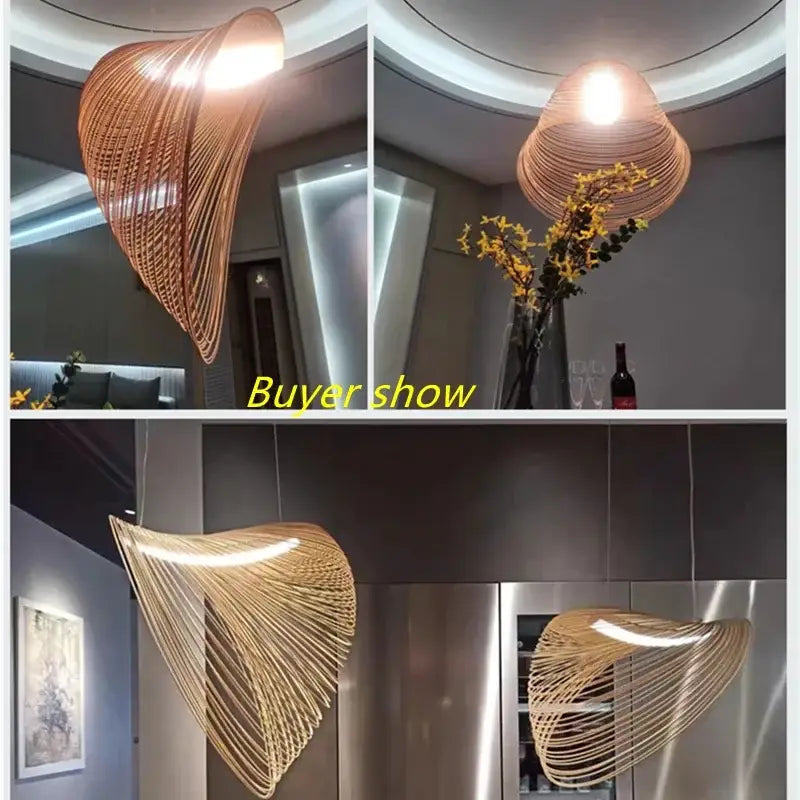 A modern golden woven nest led pendant chandelier with intricate wire design for dining room lighting