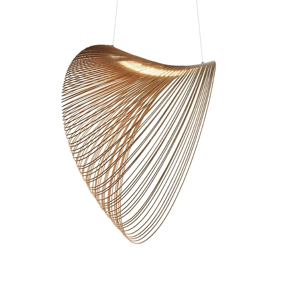 A modern gold-toned led pendant chandelier with a sculptural nest design made of thin curved metal wires