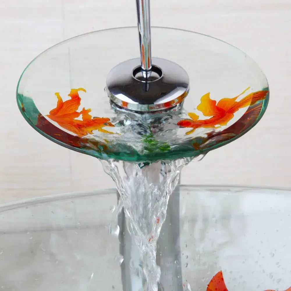 Goldfish glass waterfall faucet chrome bathroom sink mixer tap with decorbites goldfish glass basin and embedded orange green fish designs