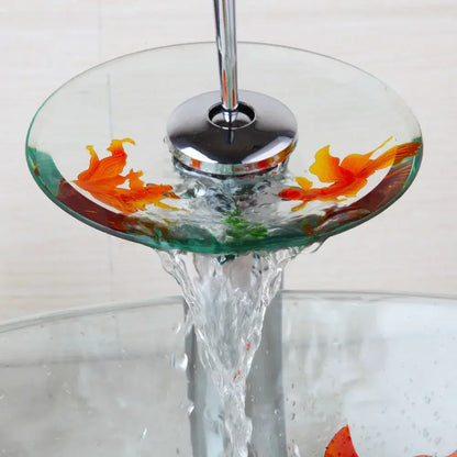 Goldfish glass waterfall faucet chrome bathroom sink mixer tap with decorbites goldfish glass basin and embedded orange green fish designs