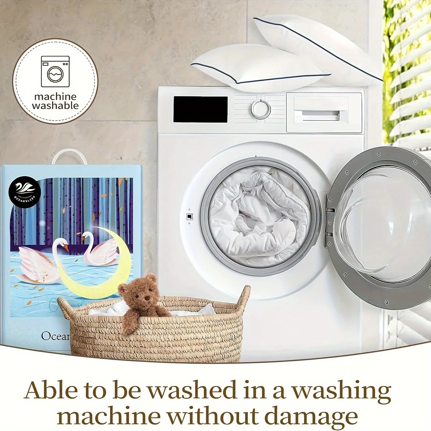 White swan-themed duvet cover set displayed in a woven basket beside a goose down comforter and washing machine