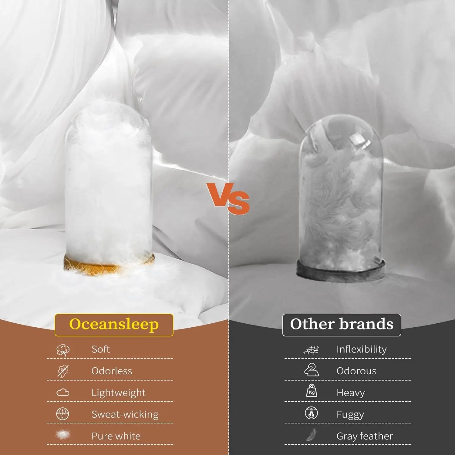 Pure white lightweight goose down comforter with high fill power displayed in a clear glass dome for ocean sleep