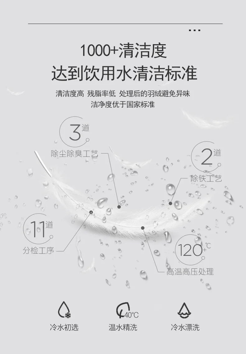 A white goose down feather with water droplets symbolizes 1000+ cleanliness in luxury super warm duvet bedding