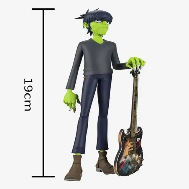 19cm tall green-skinned gorillaz band resin figurine wearing gray shirt holding colorful electric bass guitar decorbites gorillaz band collectible decor