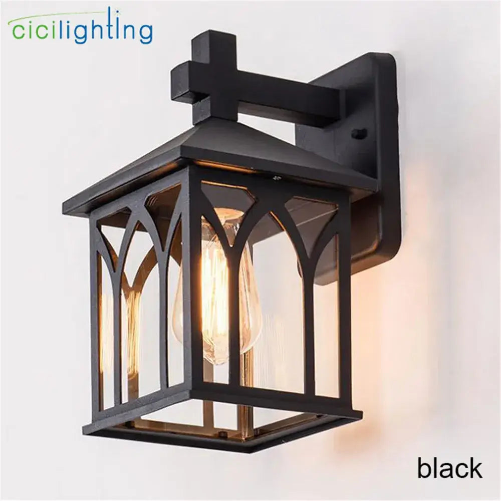 Black wrought iron gothic arched glass led wall lamp with visible edison bulb for garden courtyard lighting