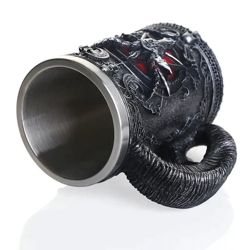 Black dragon-themed gothic baphomet resin stainless steel tankard with intricate metallic detailing and red gemstone accent