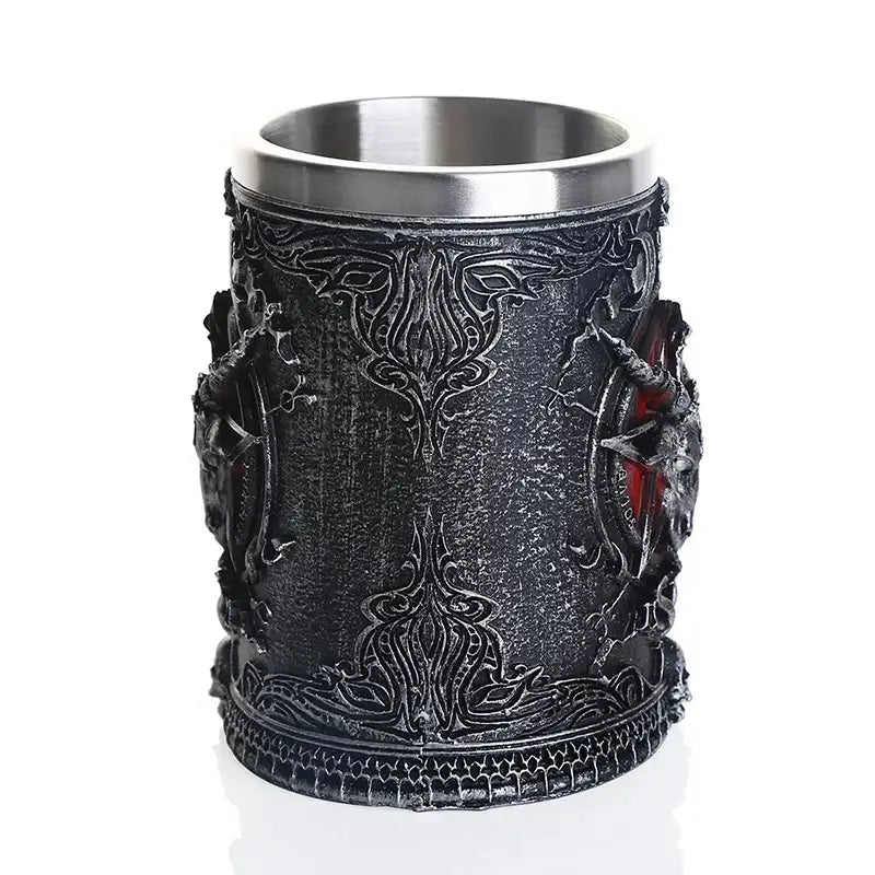 Black ornate gothic baphomet resin stainless steel tumbler with silver rim and red gem accents for bar decor