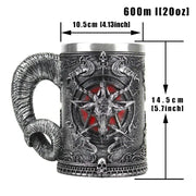 Dark gothic baphomet resin stainless steel tankard with demonic goat head and red glowing eyes for bar decor