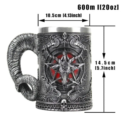 Dark gothic baphomet resin stainless steel tankard with demonic goat head and red glowing eyes for bar decor