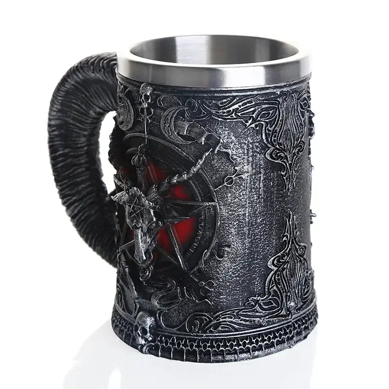 Gothic baphomet resin stainless steel tankard featuring dark detailed black metal mug with demonic horned figure and red pentagram