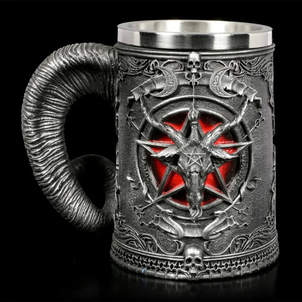 Silver-toned gothic baphomet resin stainless steel tankard with goat-headed pentagram and textured ram’s horn handle