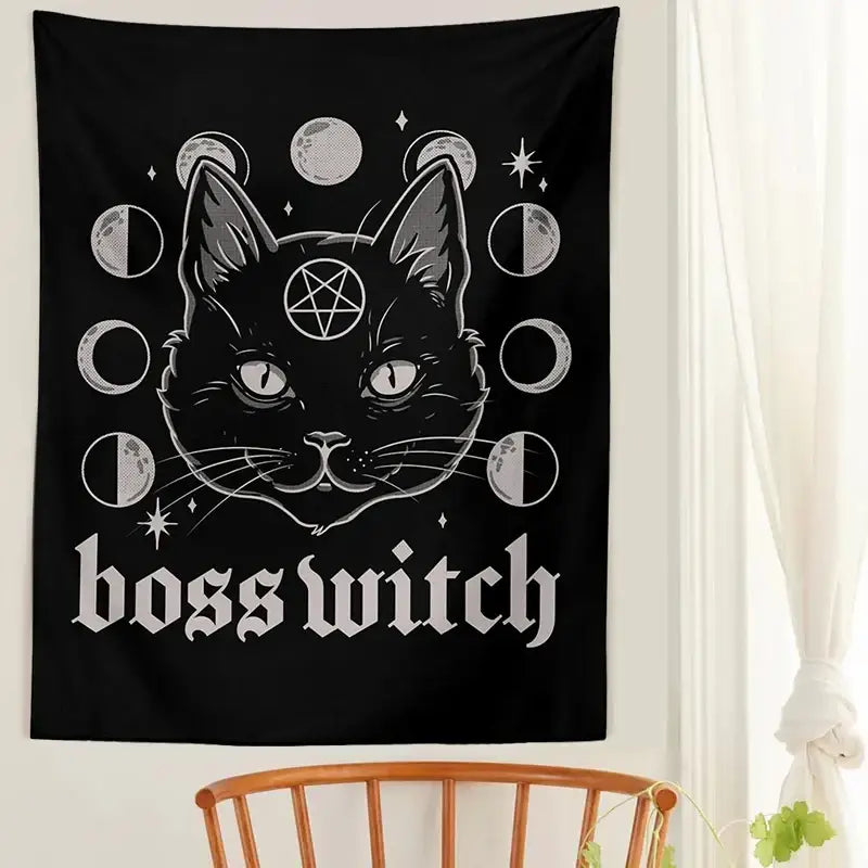 Black boss witch decorbites tapestry featuring a stylized black cat with glowing eyes and moon phases for bedroom decor