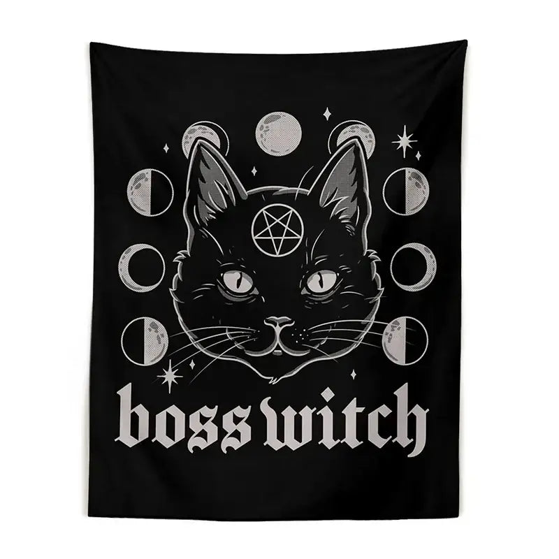 Black cat witchcraft black tapestry with glowing eyes moon phases stars and boss witch text for decorbites bedroom wall decor