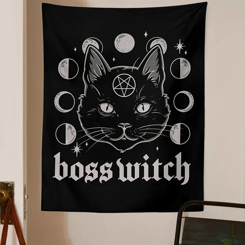 Black tapestry featuring a stylized black cat with glowing eyes and moon phases for cat witchcraft black decorbites