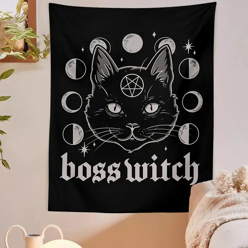 Black cat witchcraft black tapestry with glowing eyes moon phases stars and white gothic boss witch text decorbites cat witchcraft wall decor