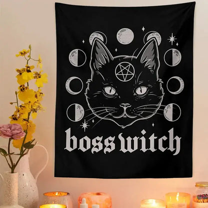 Gothic boss witch cat witchcraft black tapestry featuring a stylized black cat with glowing eyes and moon phases decorbites cat witchcraft wall decor