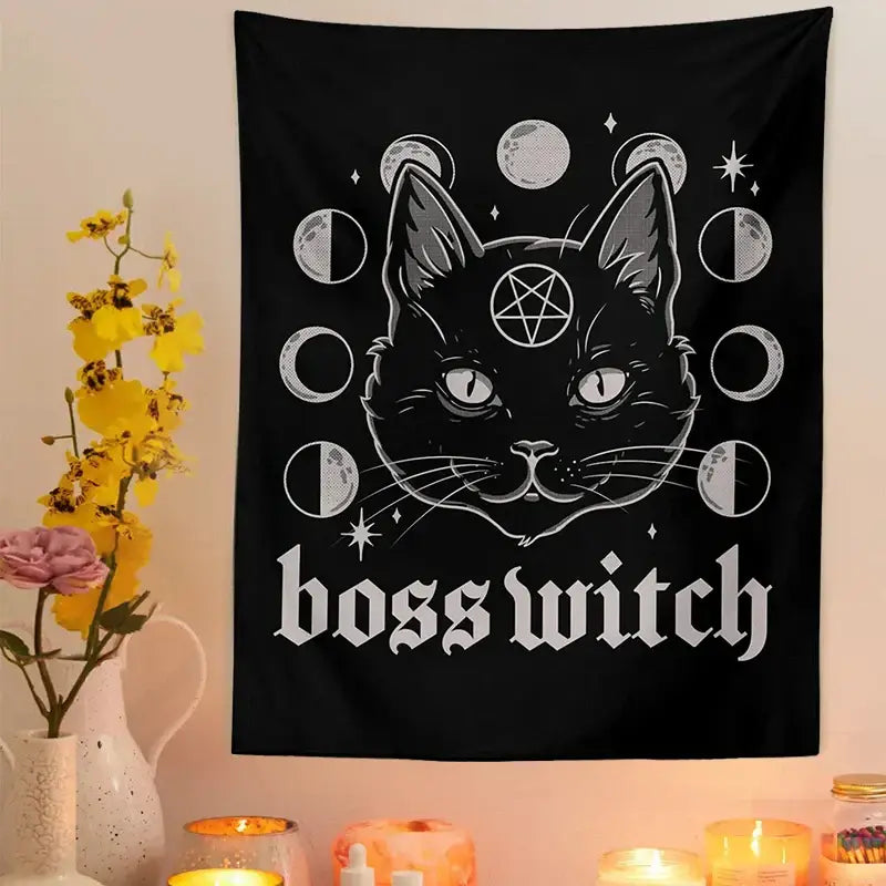 Gothic boss witch cat witchcraft black tapestry featuring a stylized black cat with glowing eyes and moon phases decorbites cat witchcraft wall decor