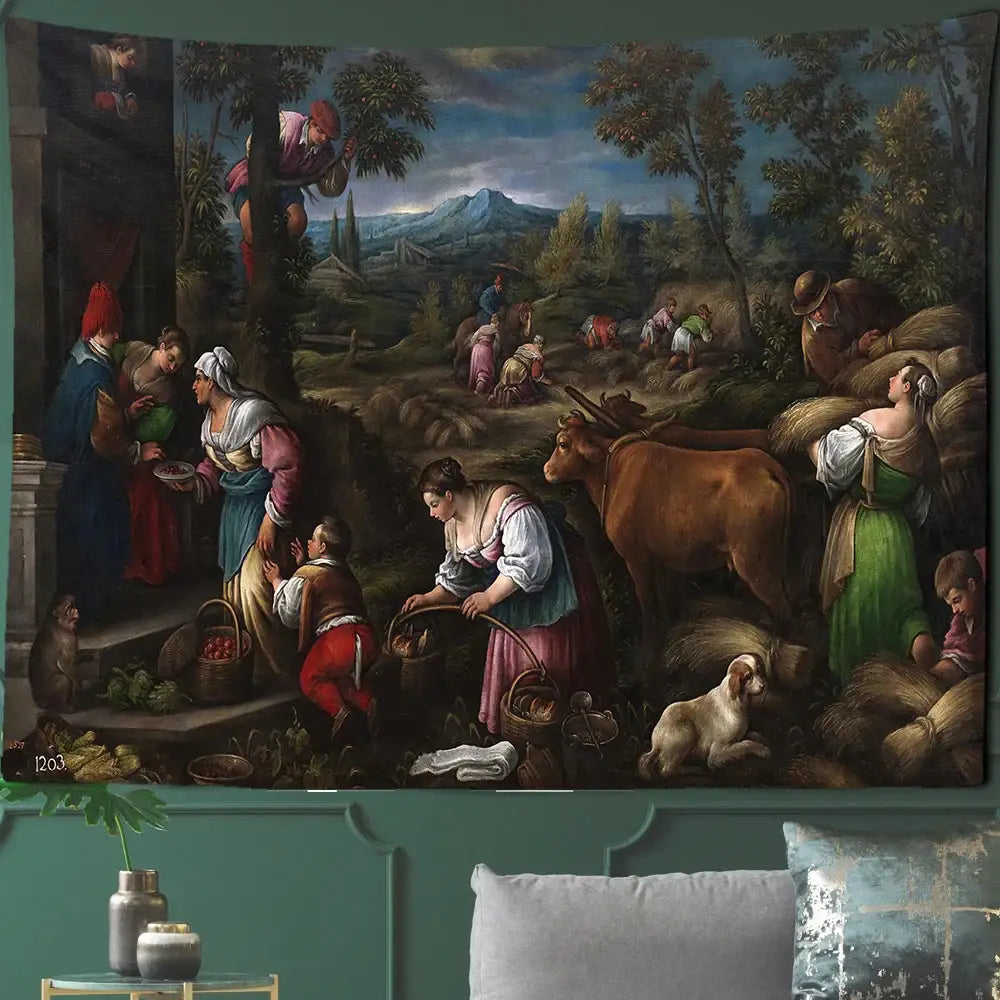 Gothic court woman floral tapestry wall art depicting a Renaissance pastoral scene in rich earth tones for bedroom decor