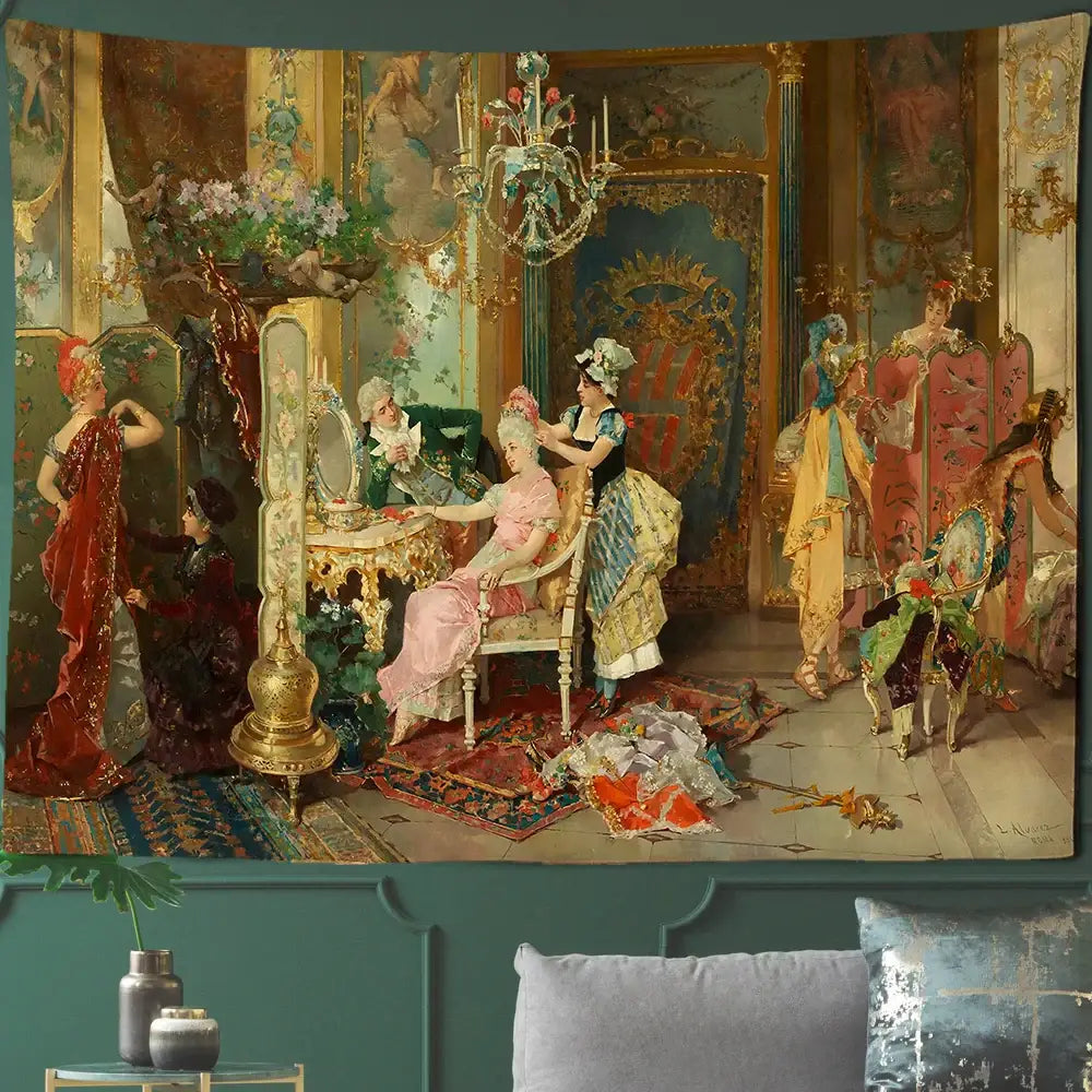 Opulent gold-framed gothic court woman tapestry wall art featuring 18th-century salon scene for bedroom decorbites decor