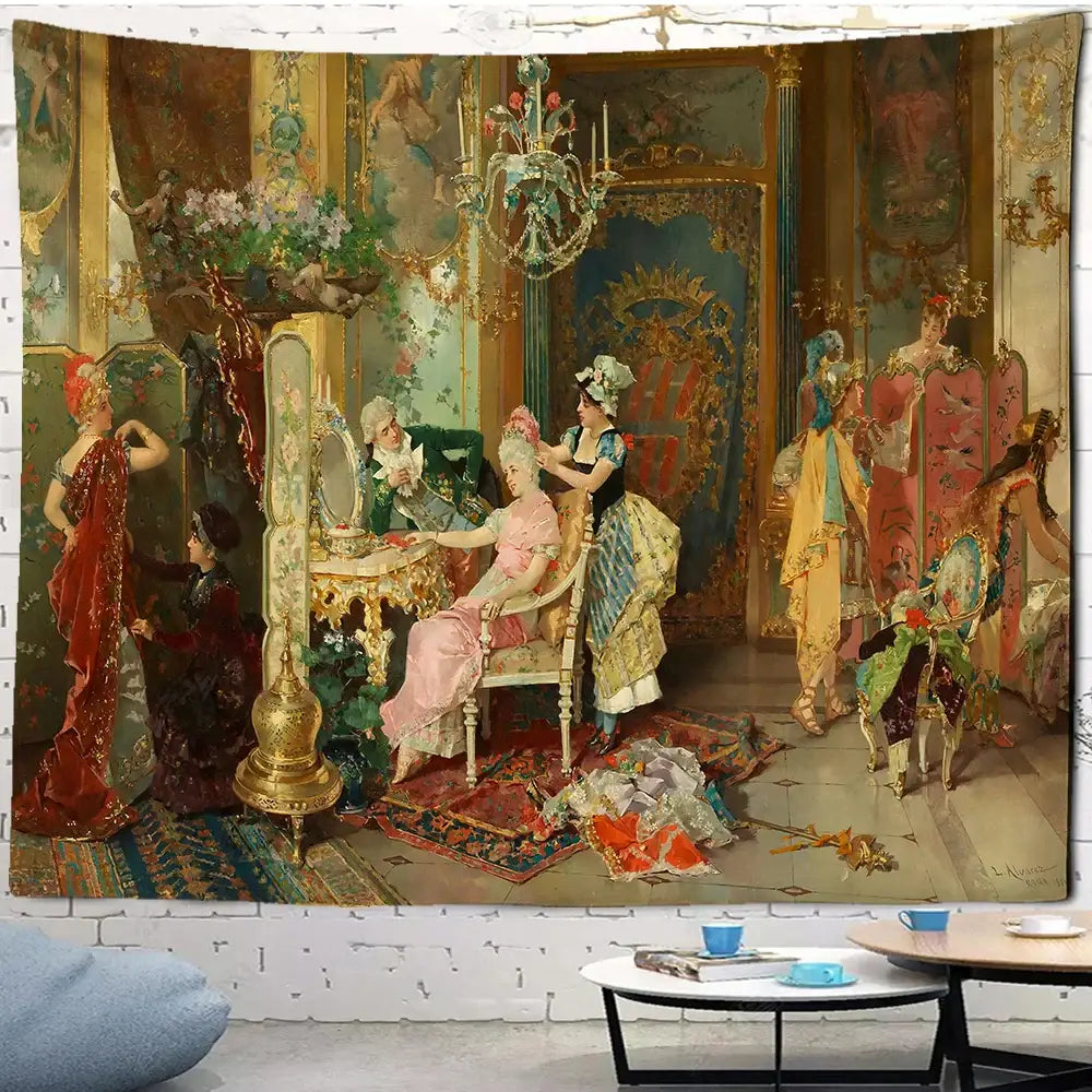 Opulent gold-framed gothic court woman tapestry wall art with floral design for elegant bedroom decorbites court woman