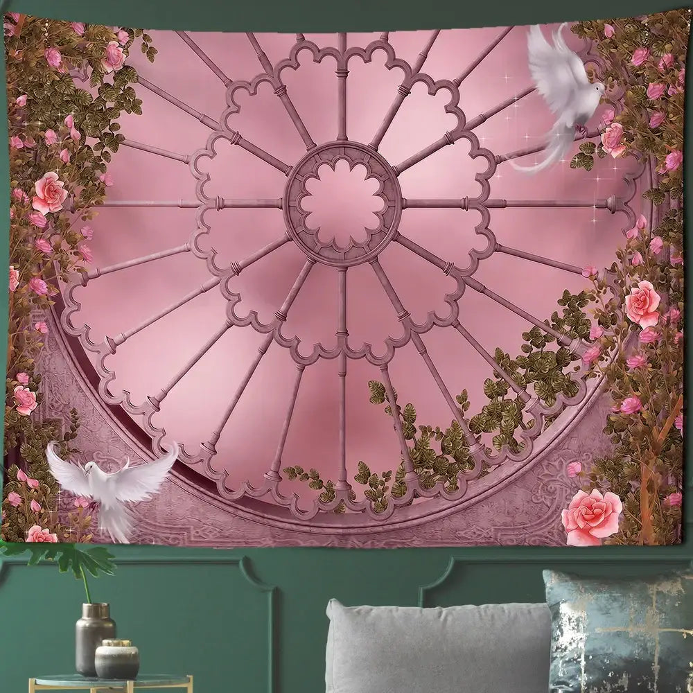 Gothic court woman floral tapestry wall art in pink featuring ornate circular design with white doves and roses decorbites court woman