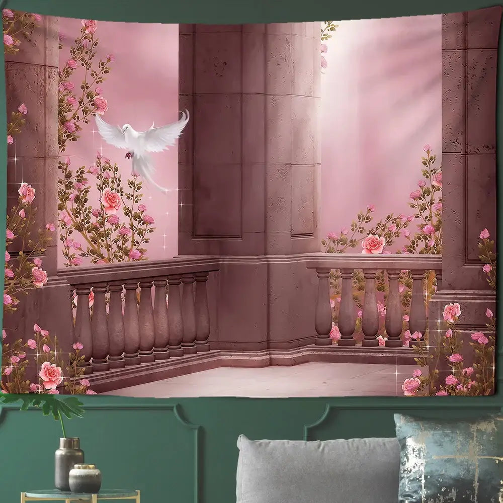 Pink floral balcony tapestry wall art featuring a white dove in flight for gothic court woman decorbites court woman scene