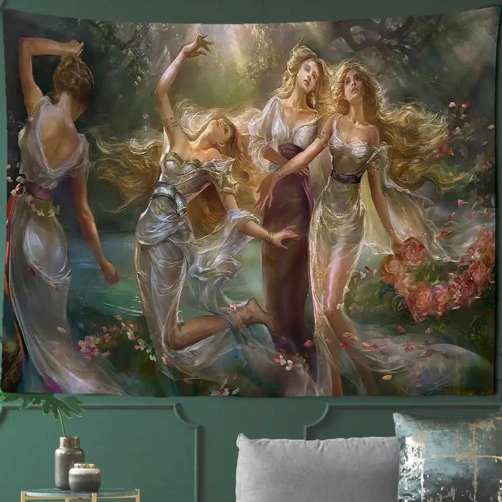 Gothic court woman floral tapestry wall art featuring three women in flowing gowns amid pink and white garden flowers