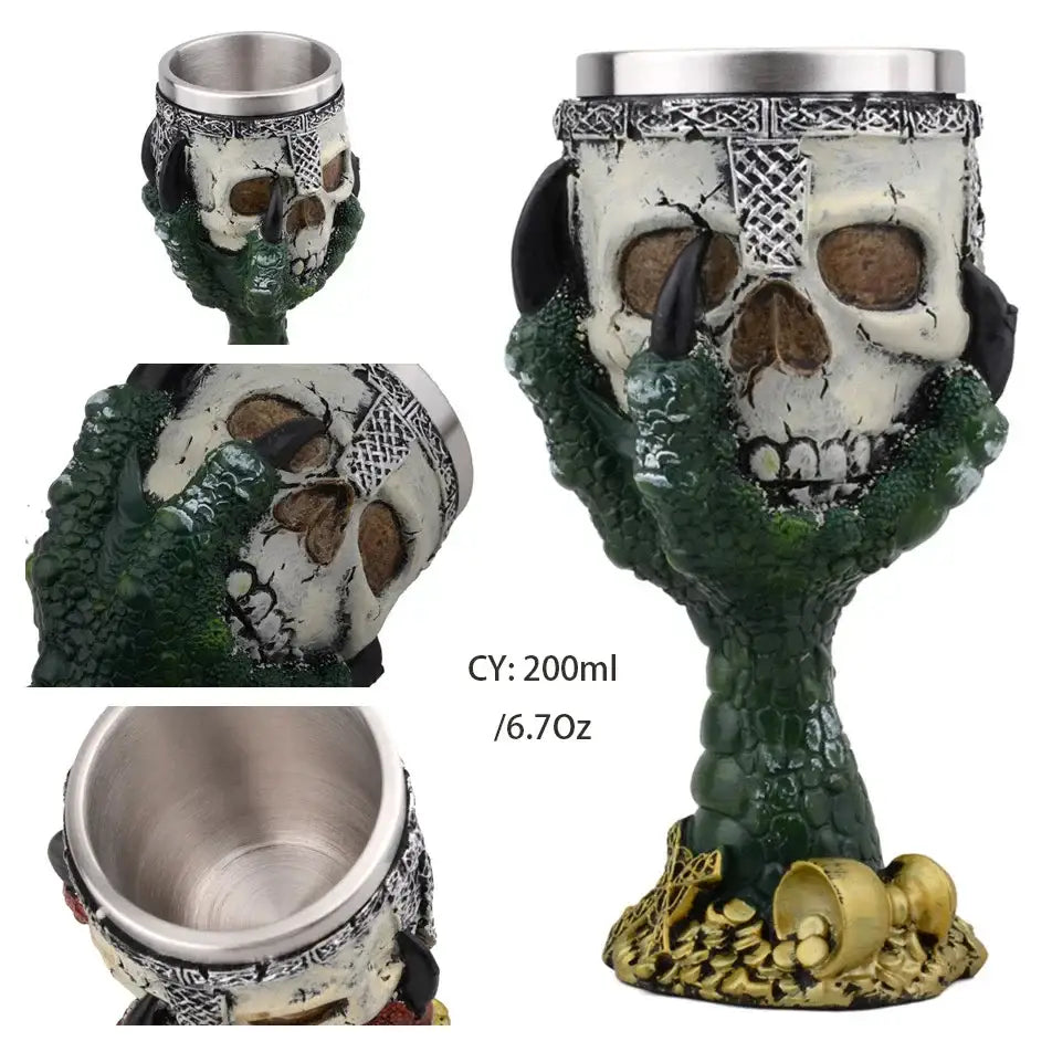White stainless steel dragon skull goblet with green scaly hands and silver rim for gothic decorbites skull goblet