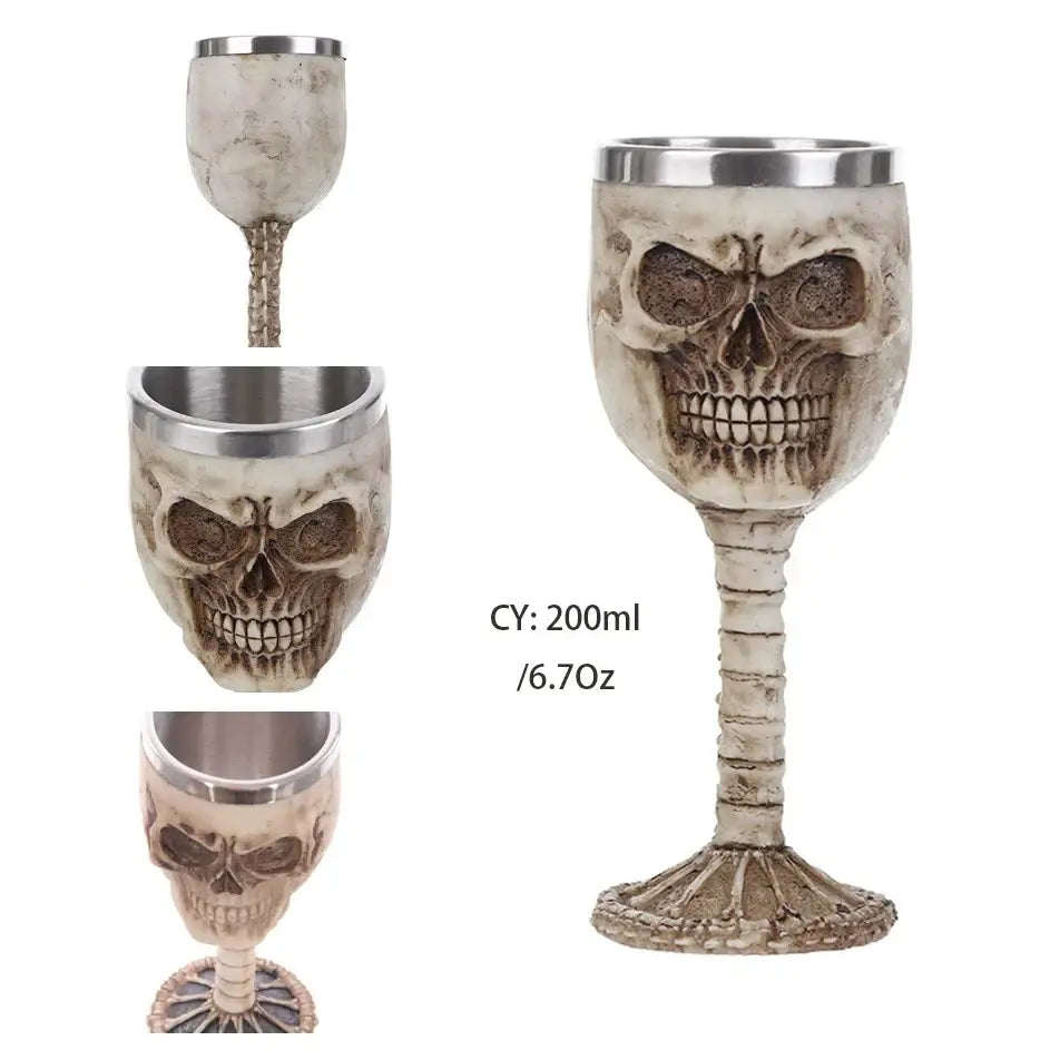 Beige skull goblet with metallic rim and bone-like stem stainless steel gothic dragon skull goblet for wine use