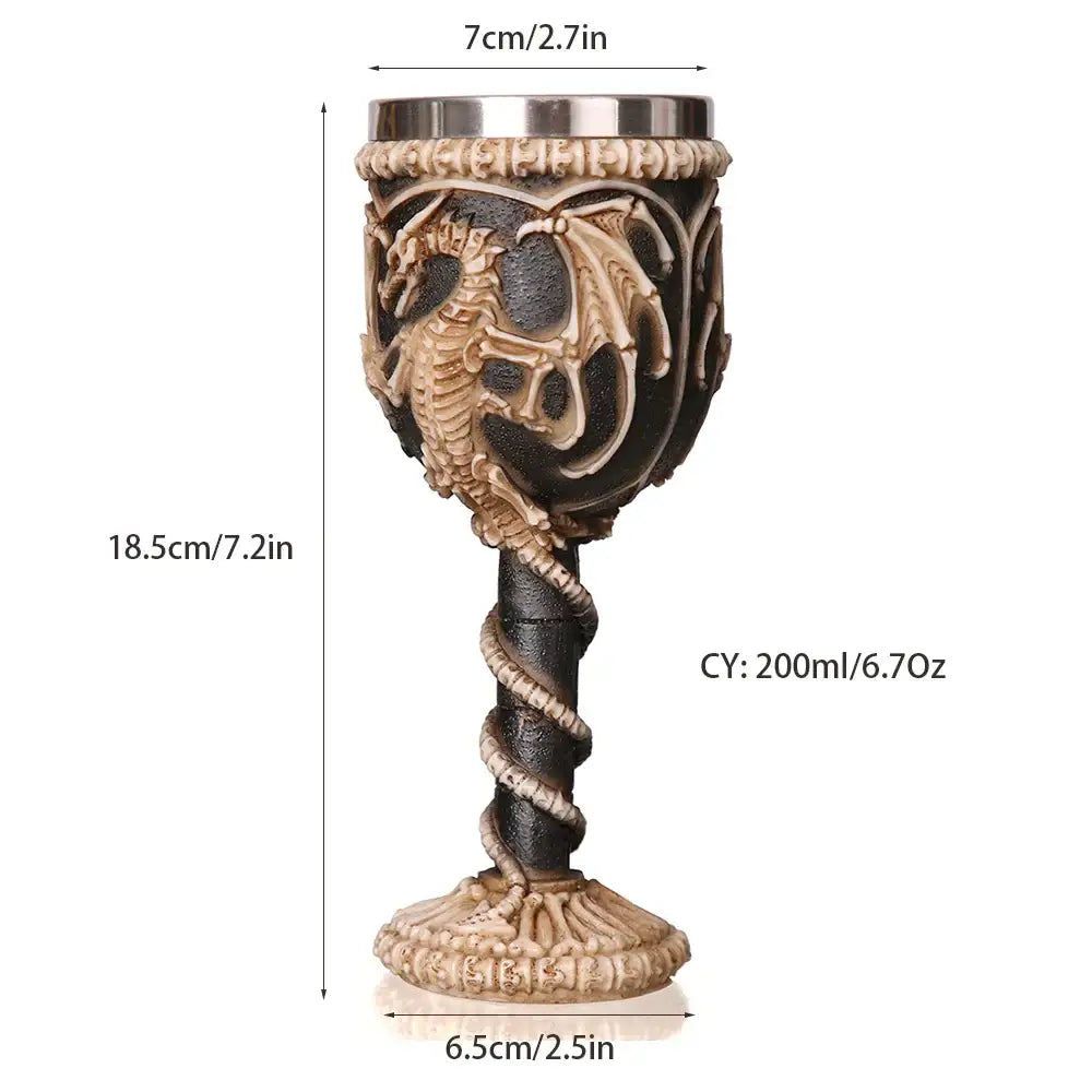 Gothic dragon skull goblet with detailed dragon and skull motif stainless steel rim and beige black resin base decorbites skull goblet