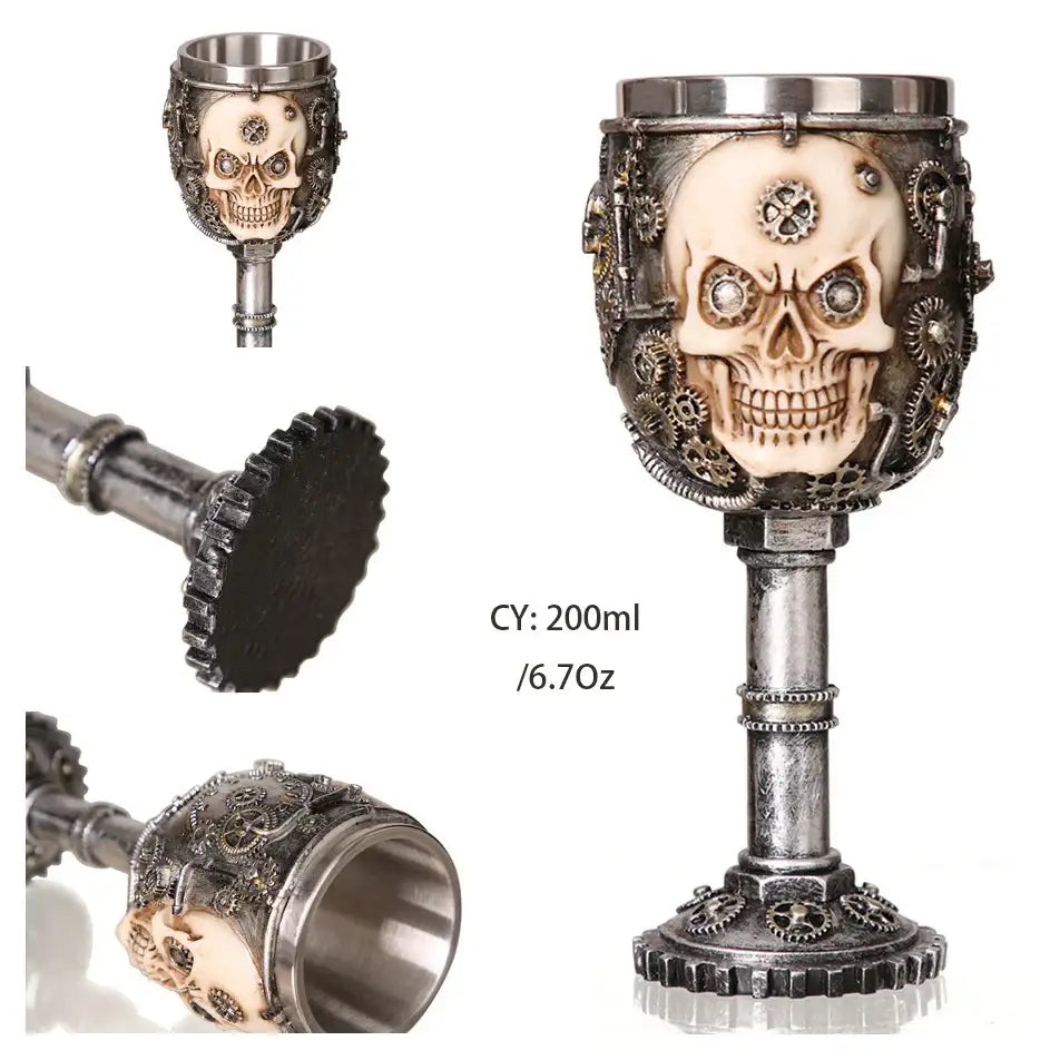 Gothic dragon skull goblet stainless steel wine glass with steampunk skull goblet design and bronze gear details