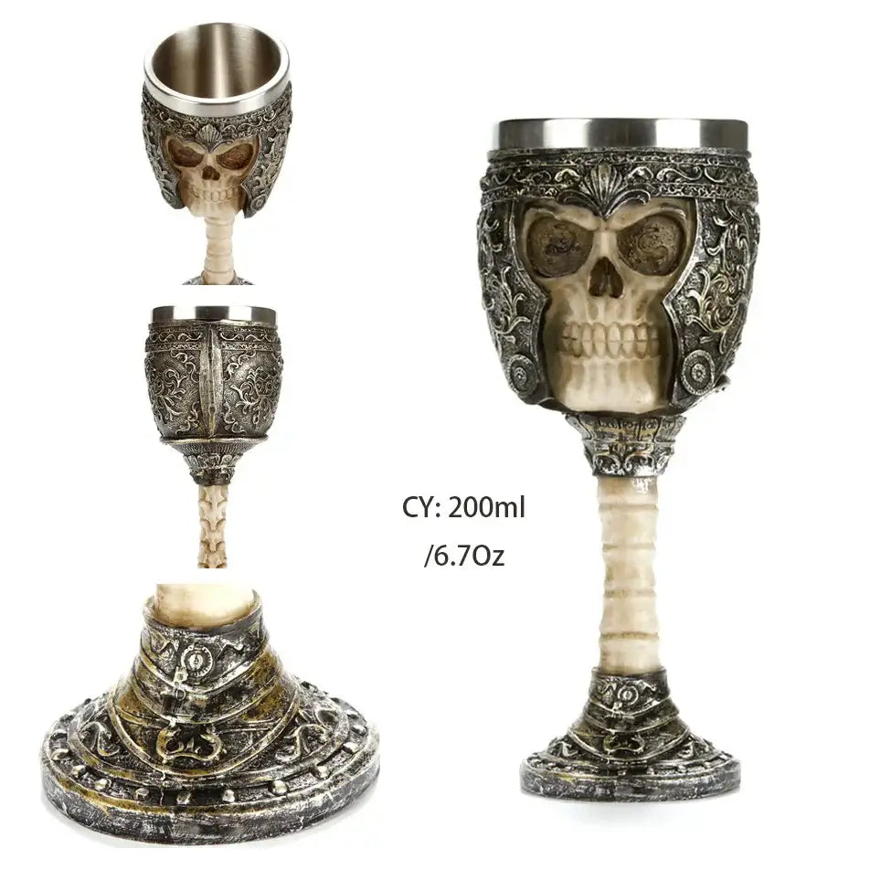 Gothic dragon skull goblet with detailed skull design silver rim and dark armor texture stainless steel wine glass