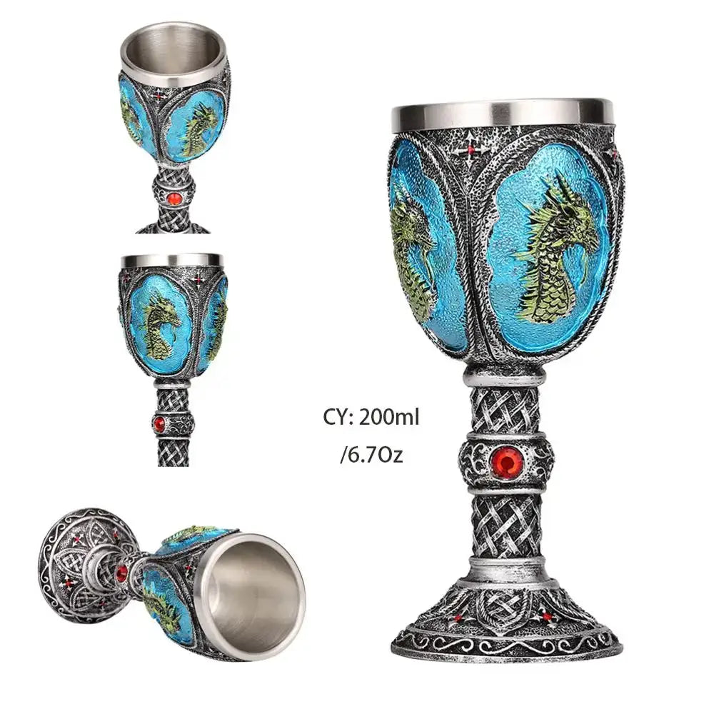 Silver stainless steel dragon skull goblet with intricate celtic knots turquoise motifs and red gemstones decorbites skull goblet