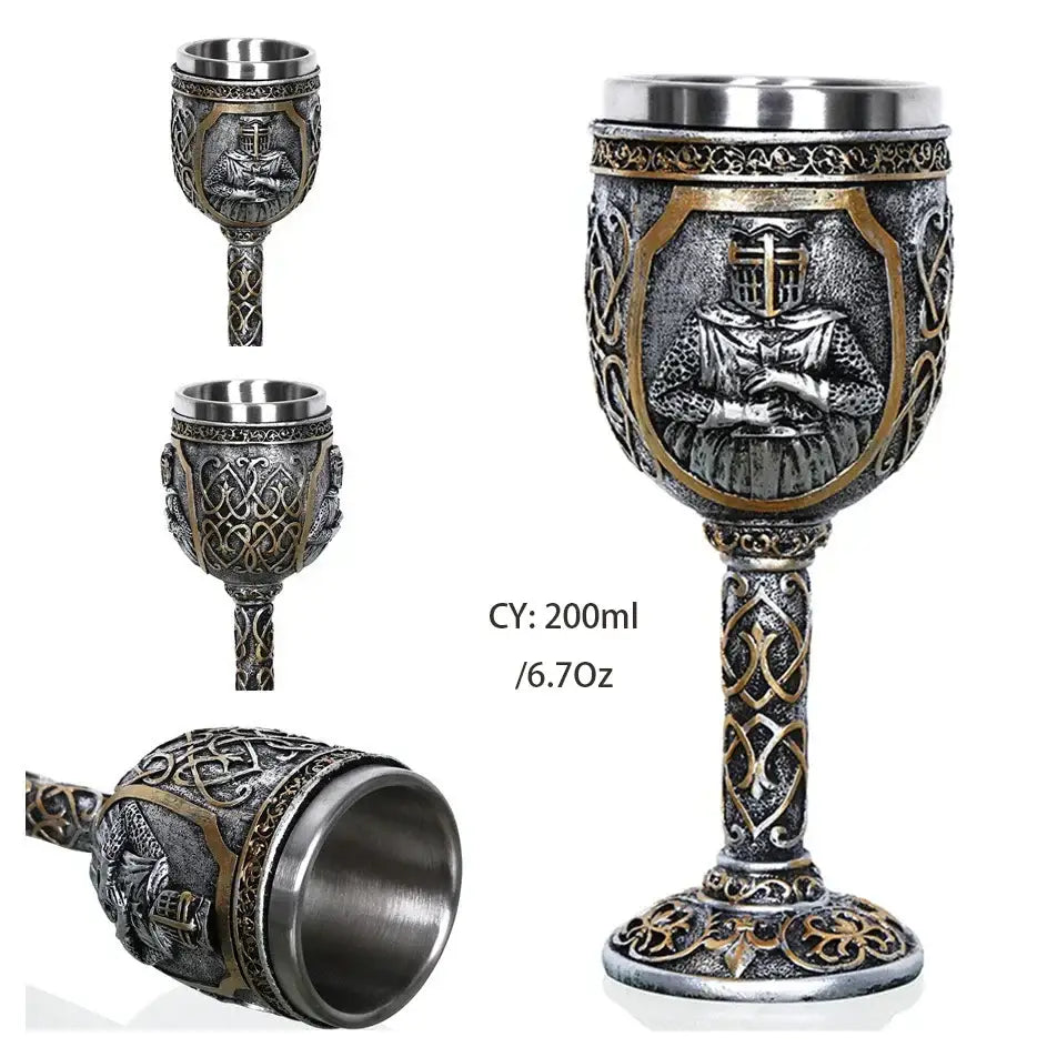 Antique-style skull goblet with silver and gold accents featuring intricate celtic knotwork on stainless steel stem and base